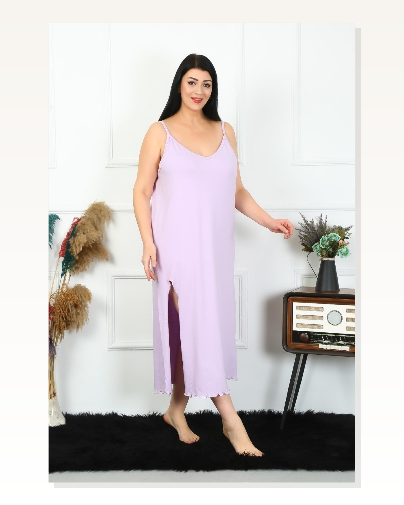 Moda Çizgi Kadın Büyük Beden İp Askılı Pamuklu Lila Uzun Gecelik 12100 Marketplace blank