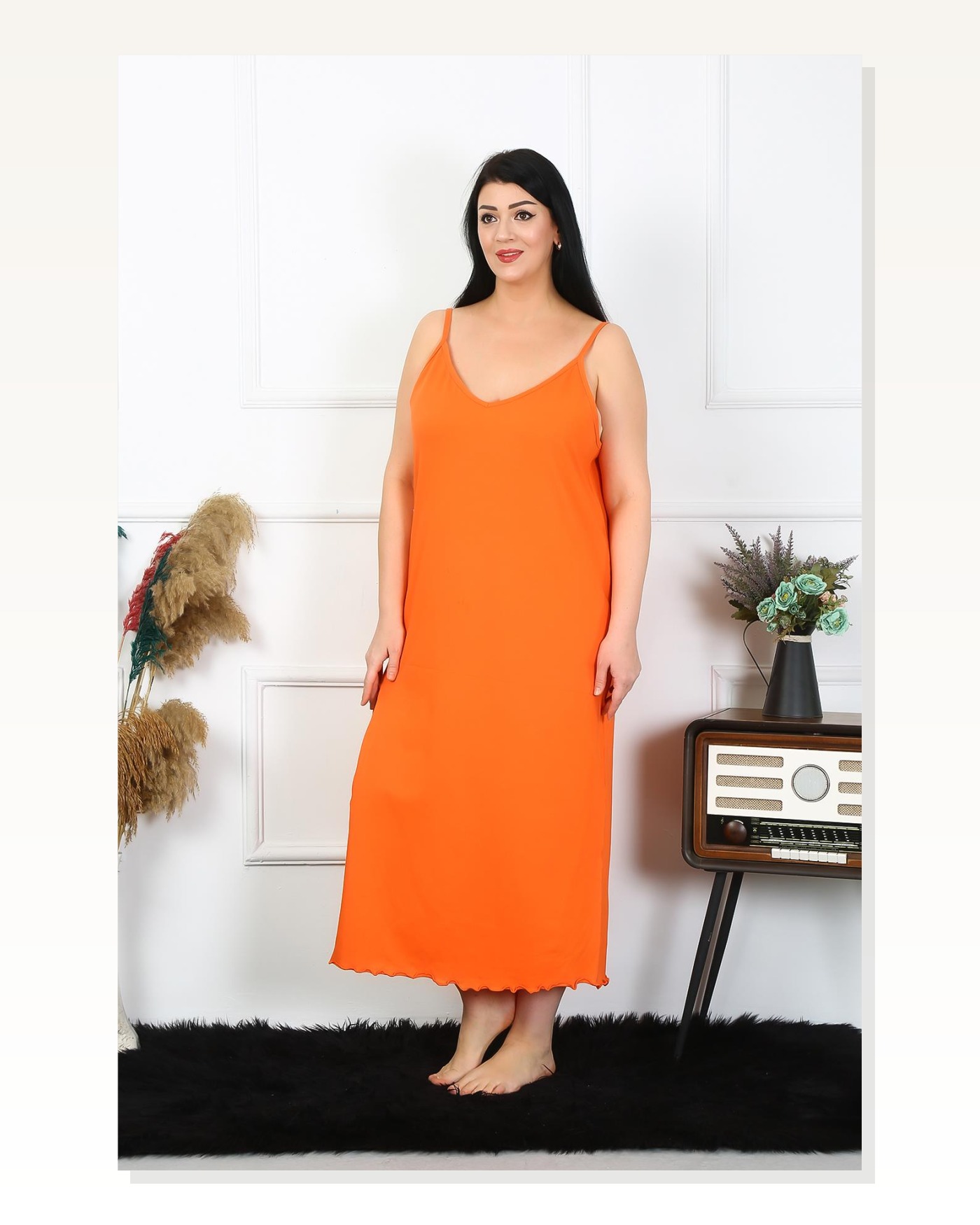 Moda Çizgi Kadın Büyük Beden İp Askılı Pamuklu Turuncu Uzun Gecelik 12100 Marketplace blank