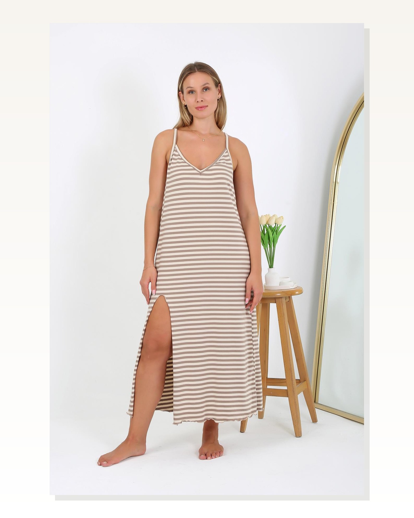 Moda Çizgi Kadın Büyük Beden İp Askılı Uzun Gecelik 12109 Sütlü Kahve Marketplace blank