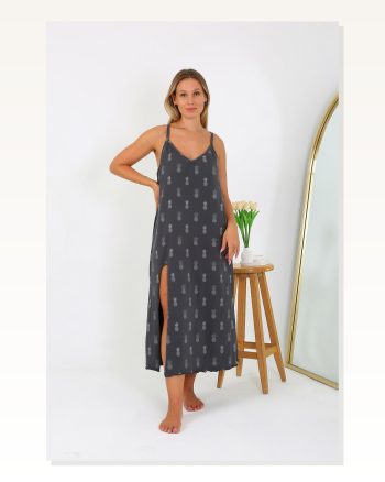 Kadın Moda Çizgi Büyük Beden İp Askılı Uzun Gecelik 12112