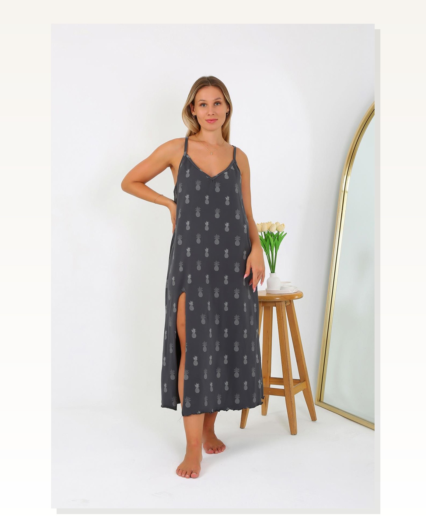 Moda Çizgi Kadın Büyük Beden İp Askılı Uzun Gecelik 12112 Marketplace blank