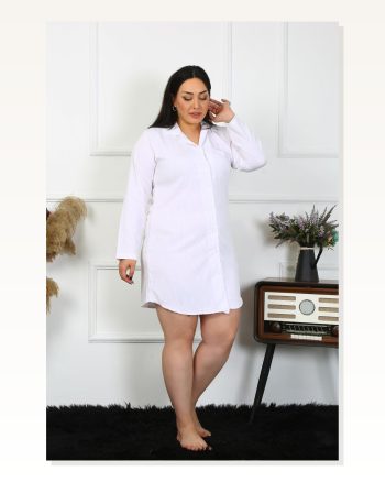 Moda Çizgi Kadın Büyük Beden Keten Düğmeli Uzun Kol Beyaz Tunik Gecelik 12200