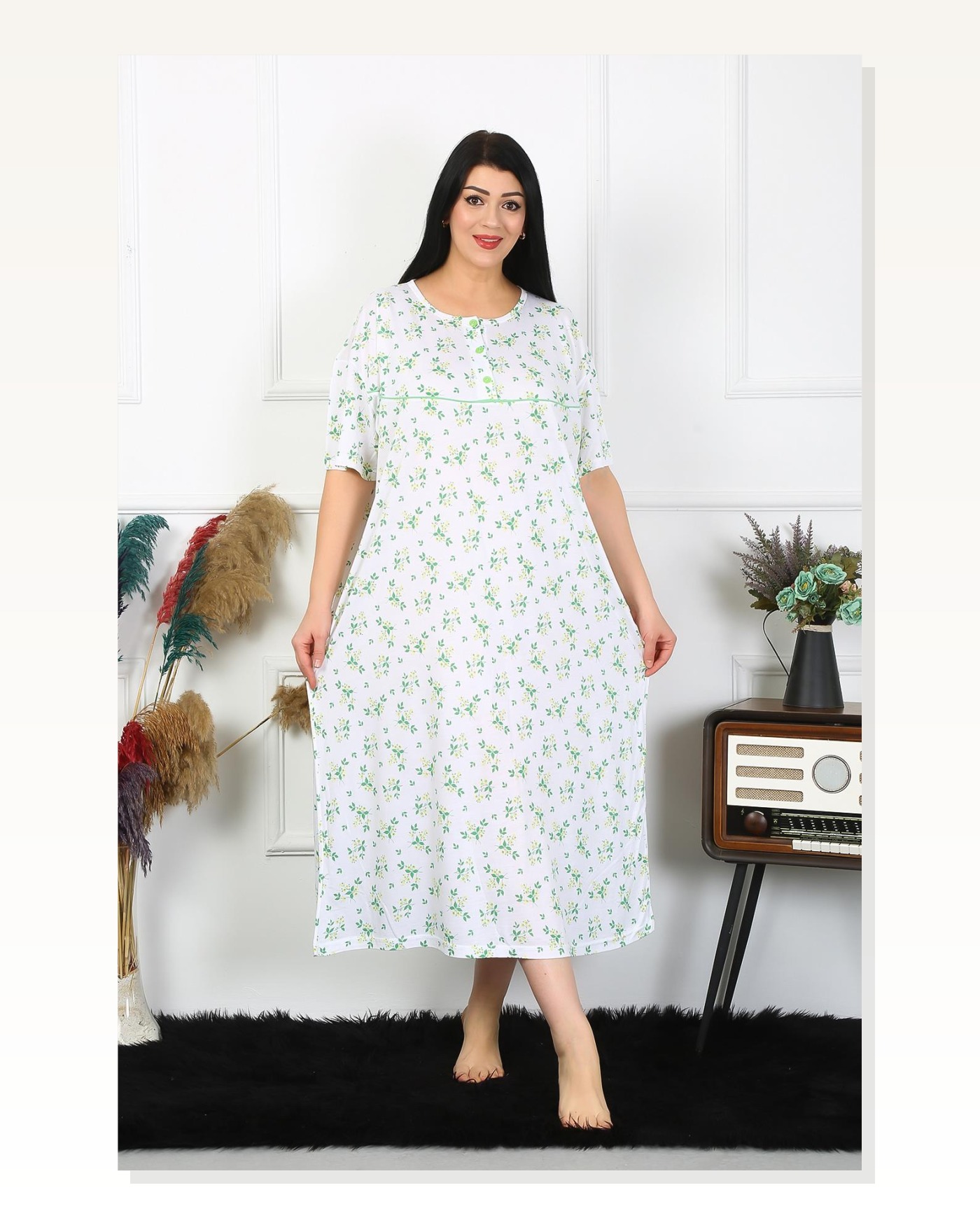 Moda Çizgi Kadın Büyük Beden Kısa Kol Beyaz Anne Gecelik 1372 Marketplace blank