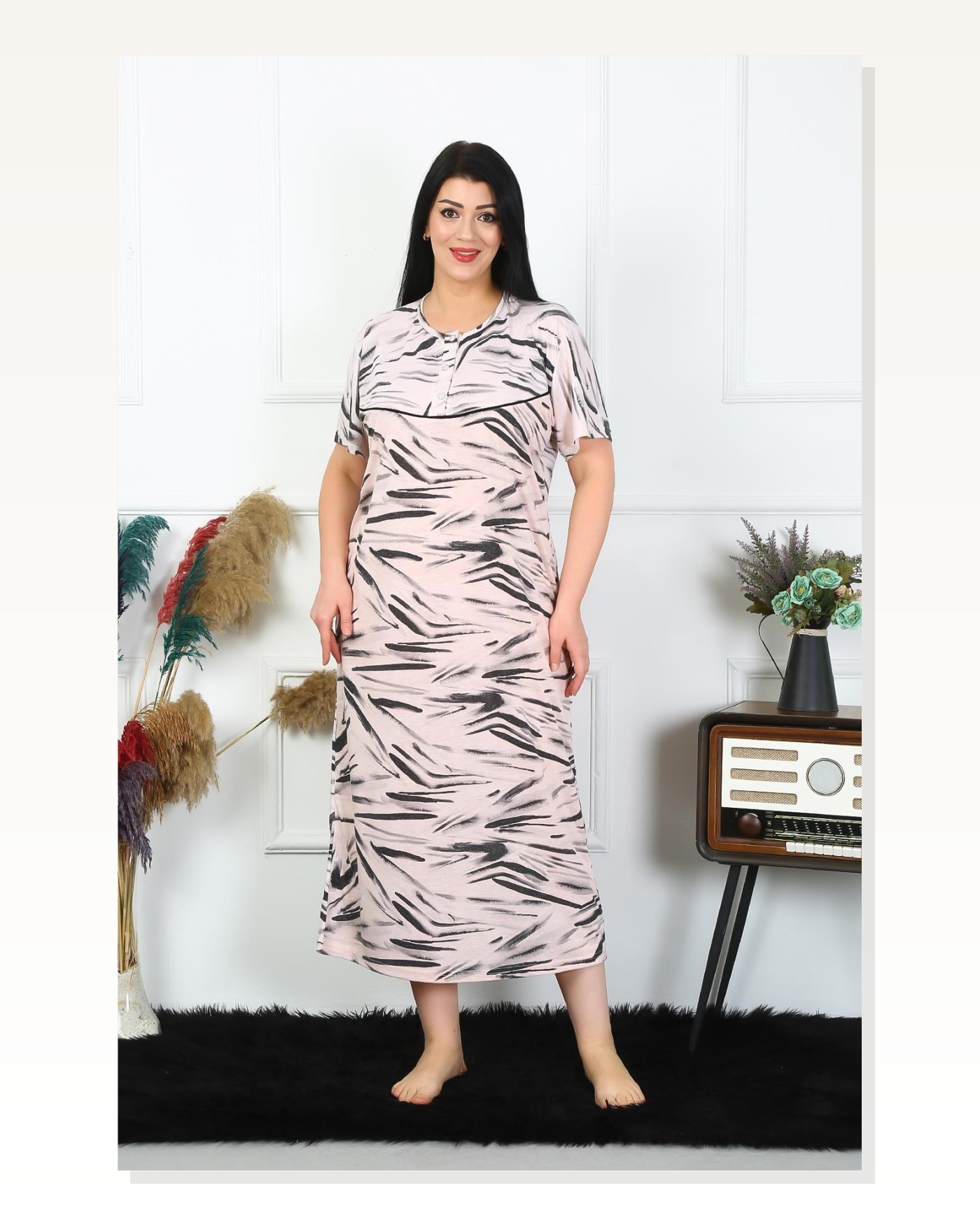Moda Çizgi Kadın Büyük Beden Kısa Kol Krem Anne Gecelik 1371 Marketplace blank