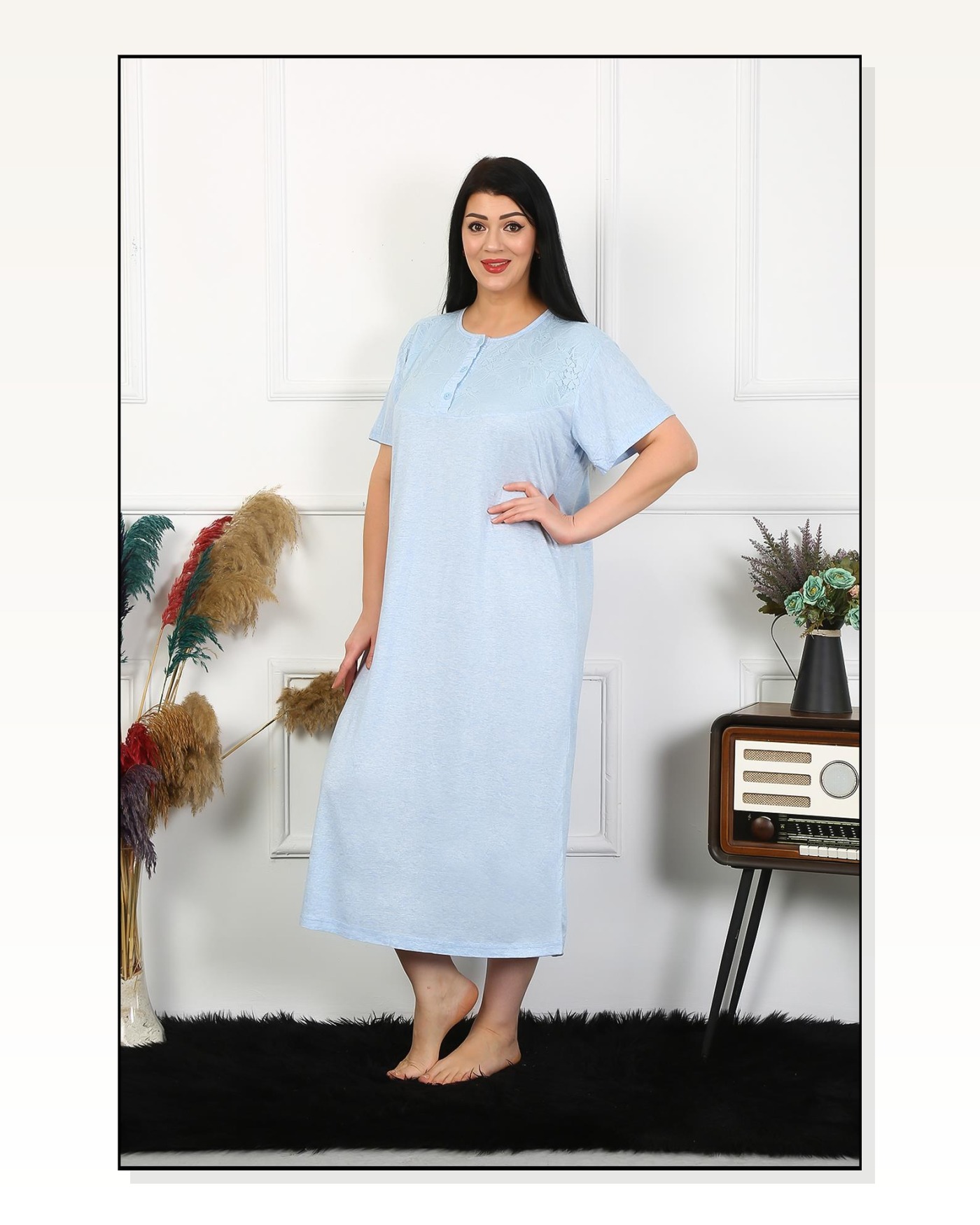 Moda Çizgi Kadın Büyük Beden Kısa Kol Mavi Dantelli Anne Gecelik 1376 Marketplace blank