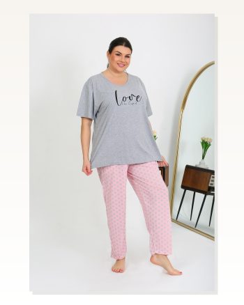 Kadın Moda Çizgi Büyük Beden Kısa Kol Penye Pijama Takımı Gri 202408
