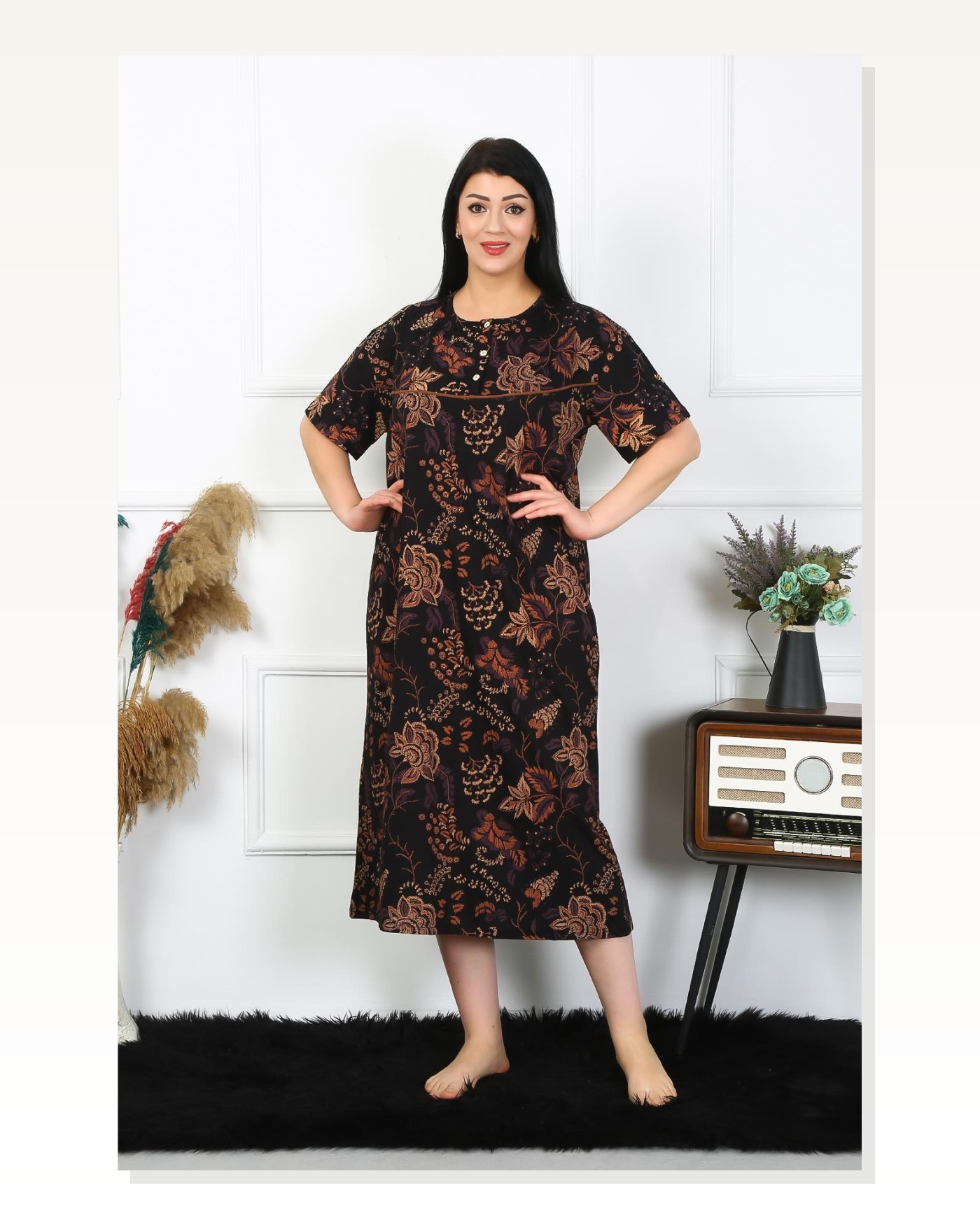 Moda Çizgi Kadın Büyük Beden Kısa Kol Siyah Anne Gecelik 1375 Marketplace blank