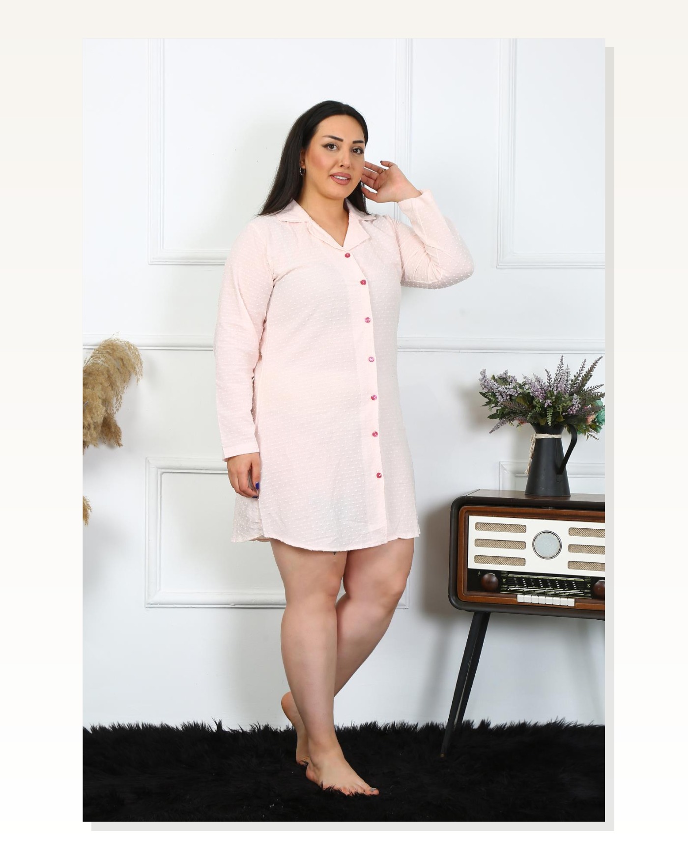 Moda Çizgi Kadın Büyük Beden Pamuk Dokuma Düğmeli Uzun Kol Pembe Tunik Gecelik 12201 Marketplace blank