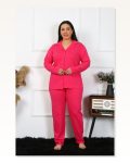 Moda Çizgi Kadın Büyük Beden Pamuklu Cepli Düğmeli Fuşya Pijama Takım 202401 Marketplace
