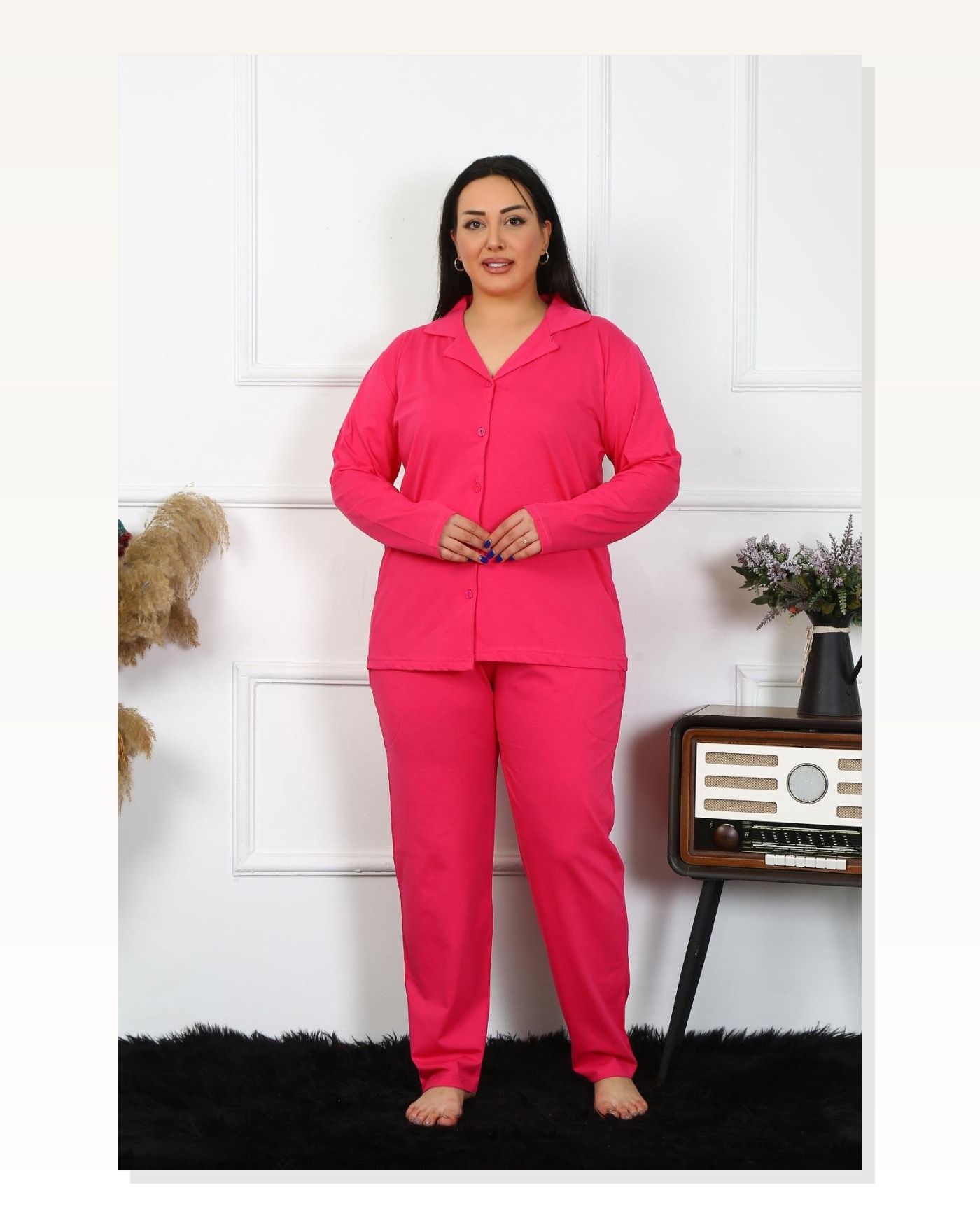 Moda Çizgi Kadın Büyük Beden Pamuklu Cepli Düğmeli Fuşya Pijama Takım 202401 Marketplace blank