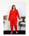 Moda Çizgi Kadın Büyük Beden Pamuklu Cepli Düğmeli Kırmızı Pijama Takım 202401 Marketplace