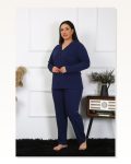 Moda Çizgi Kadın Büyük Beden Pamuklu Cepli Düğmeli Lacivert Pijama Takım 202401 Marketplace