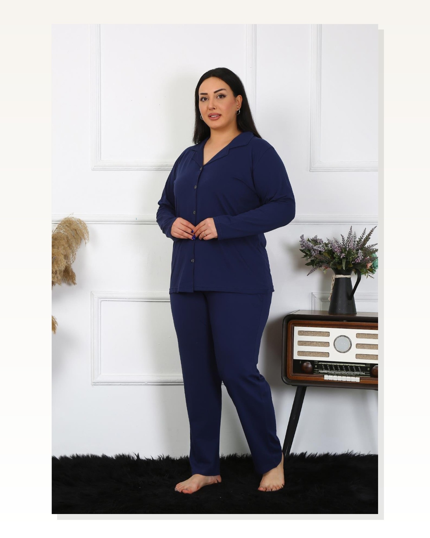 Moda Çizgi Kadın Büyük Beden Pamuklu Cepli Düğmeli Lacivert Pijama Takım 202401 Marketplace blank