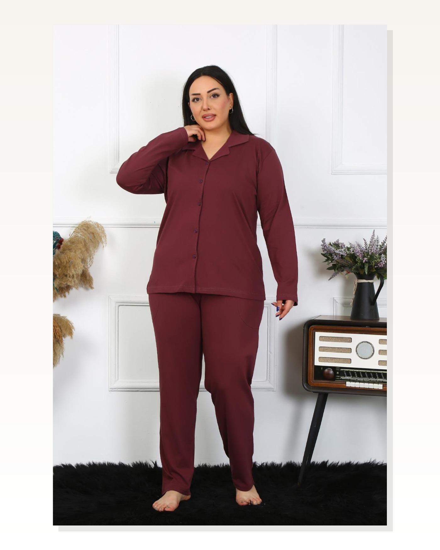 Moda Çizgi Kadın Büyük Beden Pamuklu Cepli Düğmeli Mürdüm Pijama Takım 202401 Marketplace blank
