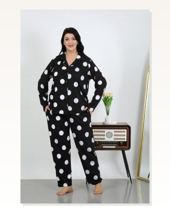 Kadın Moda Çizgi Büyük Beden Pamuklu Cepli Düğmeli Siyah Pijama Takım 202504