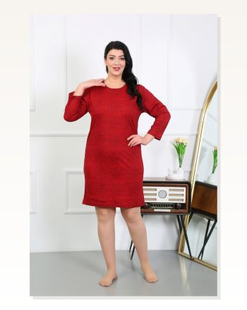 Kadın Moda Çizgi Büyük Beden Penye Gecelik Ev Elbisesi Kırmızı 12507