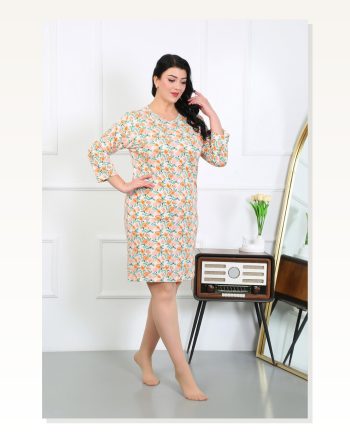 Kadın Moda Çizgi Büyük Beden Penye Gecelik Ev Elbisesi Krem 12507