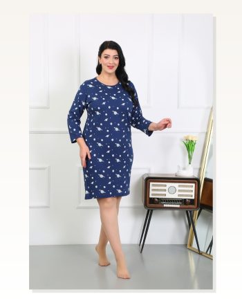 Kadın Moda Çizgi Büyük Beden Penye Gecelik Ev Elbisesi Lacivert 12507