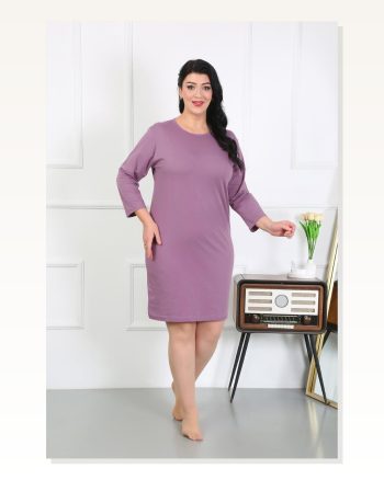 Kadın Moda Çizgi Büyük Beden Penye Gecelik Ev Elbisesi Mürdüm 12506