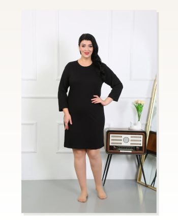 Kadın Moda Çizgi Büyük Beden Penye Gecelik Ev Elbisesi Siyah 12506