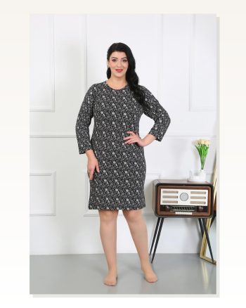 Kadın Moda Çizgi Büyük Beden Penye Gecelik Ev Elbisesi Siyah 12507