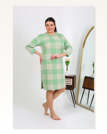 Kadın Moda Çizgi Büyük Beden Penye Gecelik Ev Elbisesi Yeşil 12508