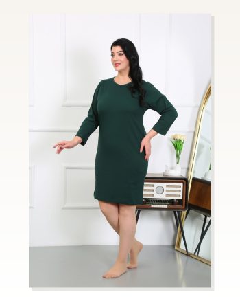 Kadın Moda Çizgi Büyük Beden Penye Gecelik Ev Elbisesi Zümrüt Yeşili 12506