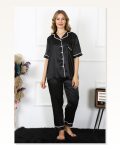 Moda Çizgi Kadın Büyük Beden Siyah Saten Pijama Takımı 10303 Marketplace