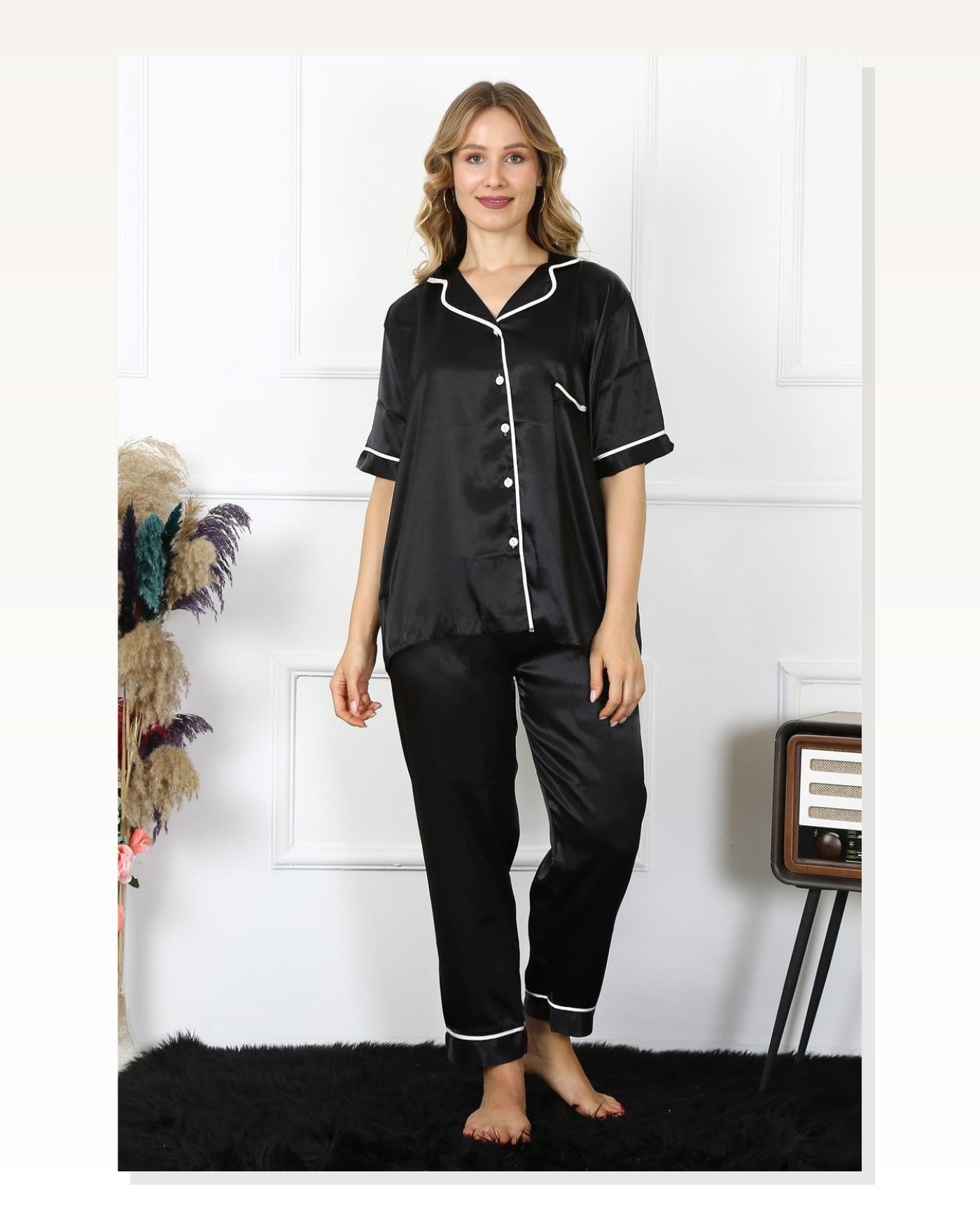 Moda Çizgi Kadın Büyük Beden Siyah Saten Pijama Takımı 10303 Marketplace blank