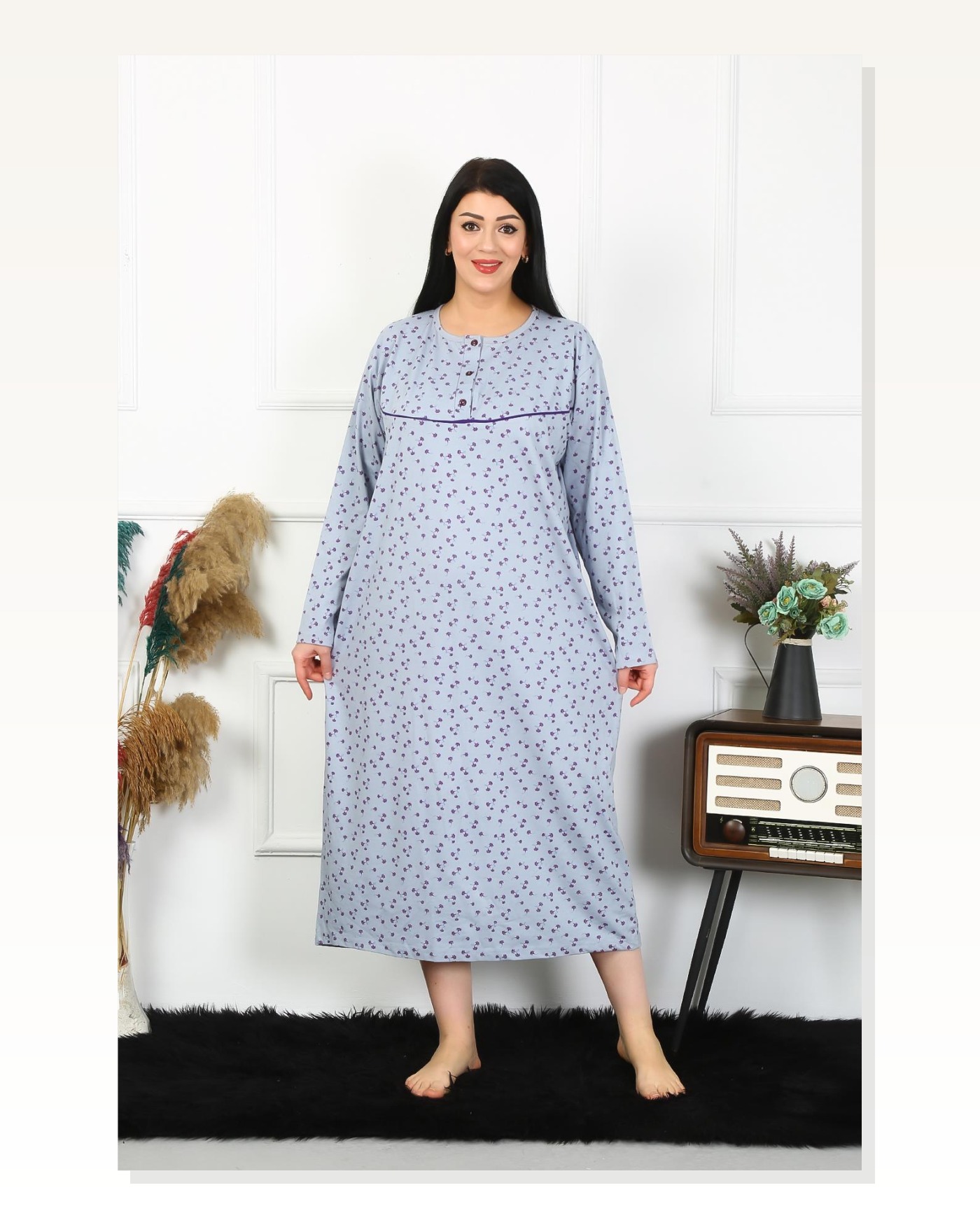 Moda Çizgi Kadın Büyük Beden Uzun Kol İndigo Anne Gecelik 1366 Marketplace blank