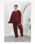 Moda Çizgi Kadın Büyük Beden Uzun Kol Penye Pijama Takımı Bordo 202501 Marketplace