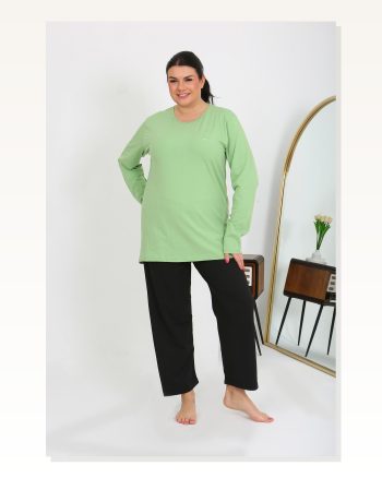 Kadın Moda Çizgi Büyük Beden Uzun Kol Penye Pijama Takımı Fıstık Yeşili 202408