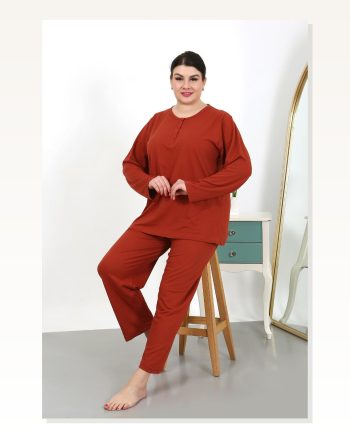 Kadın Moda Çizgi Büyük Beden Uzun Kol Penye Pijama Takımı Kiremit 202501