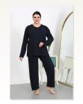 Moda Çizgi Kadın Büyük Beden Uzun Kol Penye Pijama Takımı Lacivert 202501 Marketplace