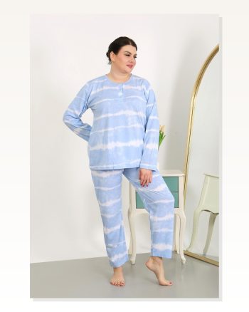 Kadın Moda Çizgi Büyük Beden Uzun Kol Penye Pijama Takımı Mavi 202502