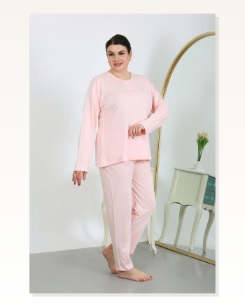 Kadın Moda Çizgi Büyük Beden Uzun Kol Penye Pijama Takımı Pembe 202501