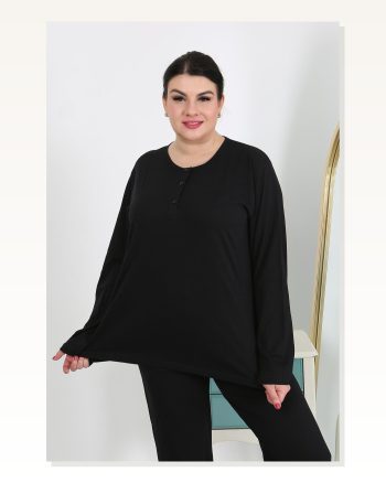 Kadın Moda Çizgi Büyük Beden Uzun Kol Penye Pijama Takımı Siyah 202501