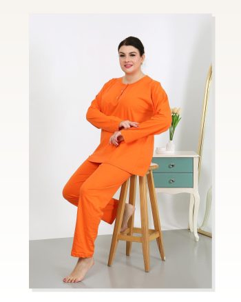 Kadın Moda Çizgi Büyük Beden Uzun Kol Penye Pijama Takımı Turuncu 202501