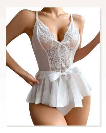 Kadın Moda Çizgi Fantezi Babydoll Dantel Gecelik T001 Beyaz