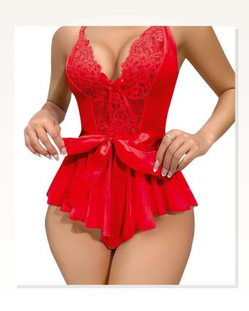 Kadın Moda Çizgi Fantezi Babydoll Dantel Gecelik T001 Kırmızı