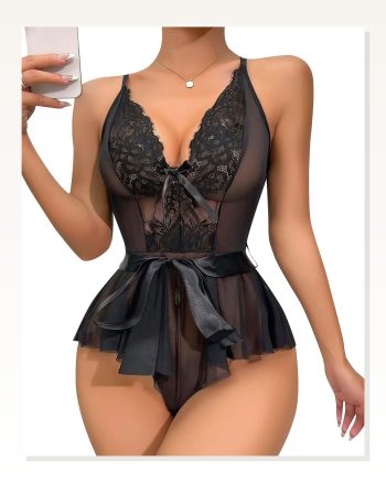 Kadın Moda Çizgi Fantezi Babydoll Dantel Gecelik T001 Siyah