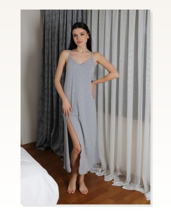 Kadın Moda Çizgi İp Askılı Uzun Yırtmaçlı Pamuk Penye Gecelik Gri 90125