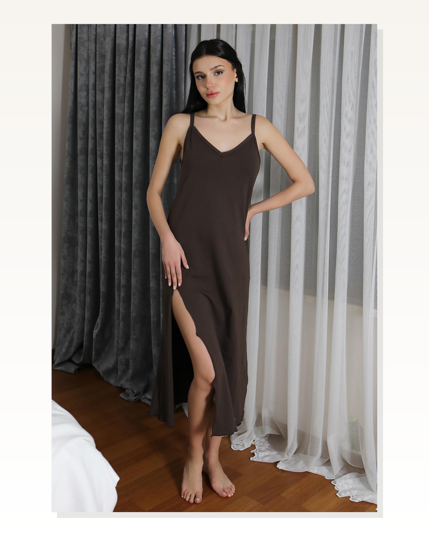 Moda Çizgi Kadın İp Askılı Uzun Yırtmaçlı Pamuk Penye Gecelik Kahve 90125 Marketplace blank