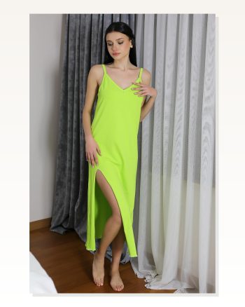 Kadın Moda Çizgi İp Askılı Uzun Yırtmaçlı Pamuk Penye Gecelik Neonyeşil 90125