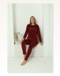 Kadın Moda Çizgi Kadife Bordo Pijama Takım 20624
