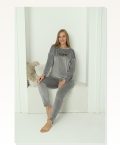 Moda Çizgi Kadın Kadife Gri Pijama Takım 20624 Marketplace