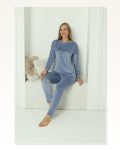 Moda Çizgi Kadın Kadife Mavi Pijama Takım 20624 Marketplace
