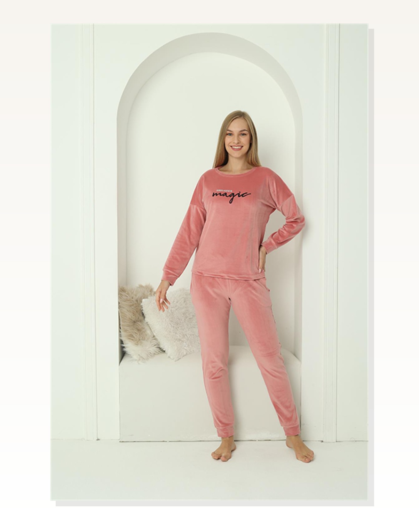 Moda Çizgi Kadın Kadife Pembe Pijama Takım 20624 Marketplace blank
