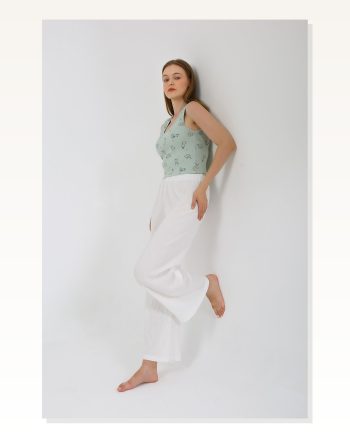 Kadın Moda Çizgi Kalın Askılı Body Bol Paça Pantolon 2`LI Takım Beyaz 4219