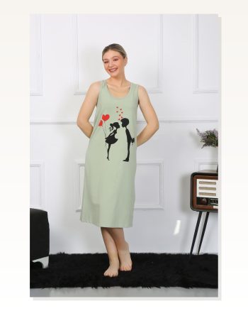 Kadın Moda Çizgi Kalın Askılı Penye Uzun Fıstık Yeşili Gecelik 12001